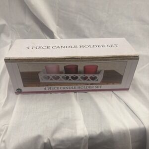 4 Piece Candle Holder Set With Wood Tray & Glass Votives Centerpiece Decor